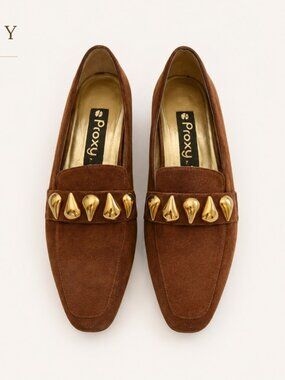 Proxy Brown Suede Gold Studded Loafers Art Deco Flats Women’s 7.5